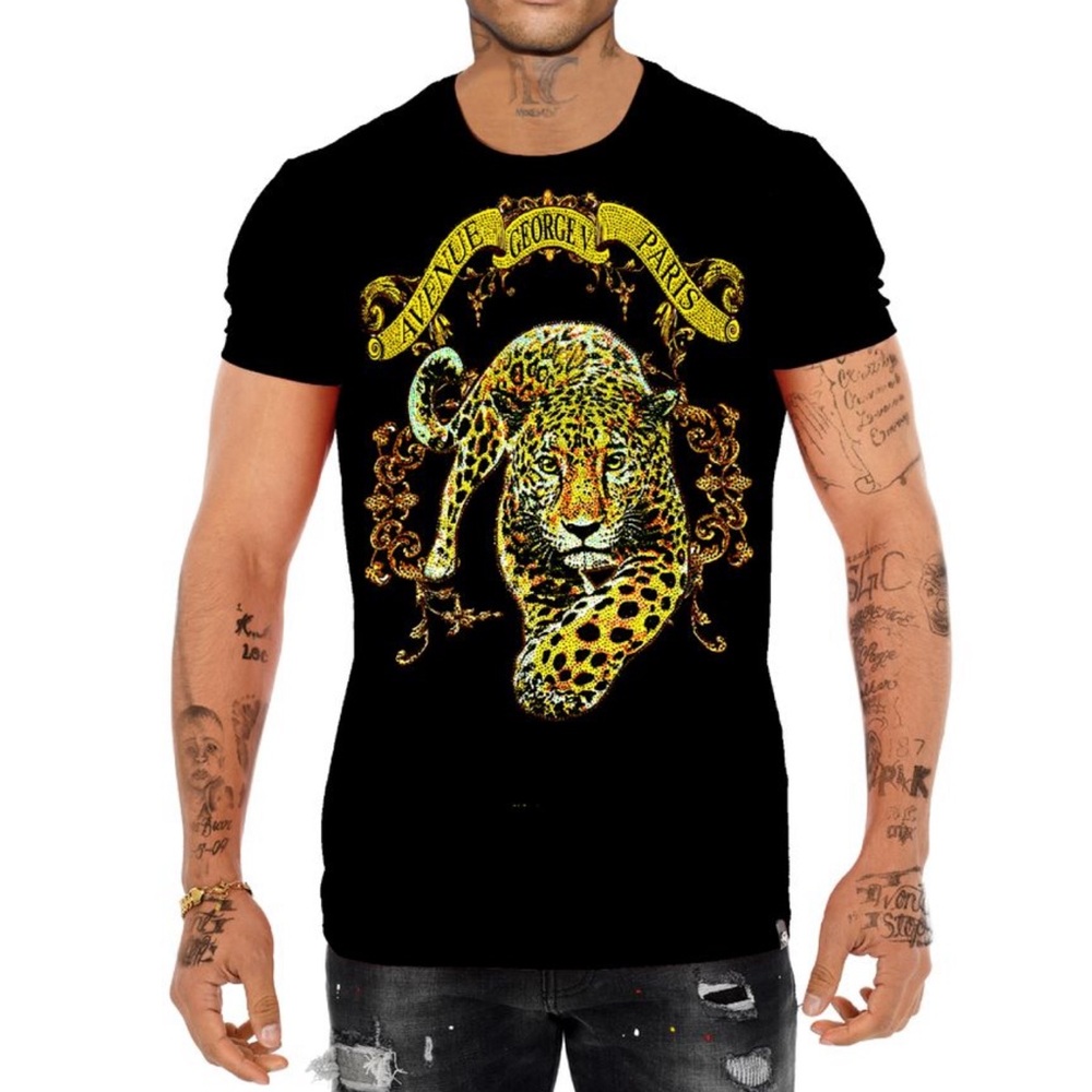 George V Leopard Black Gold Graphic T-Shirt Men Diamond Rhinestones
